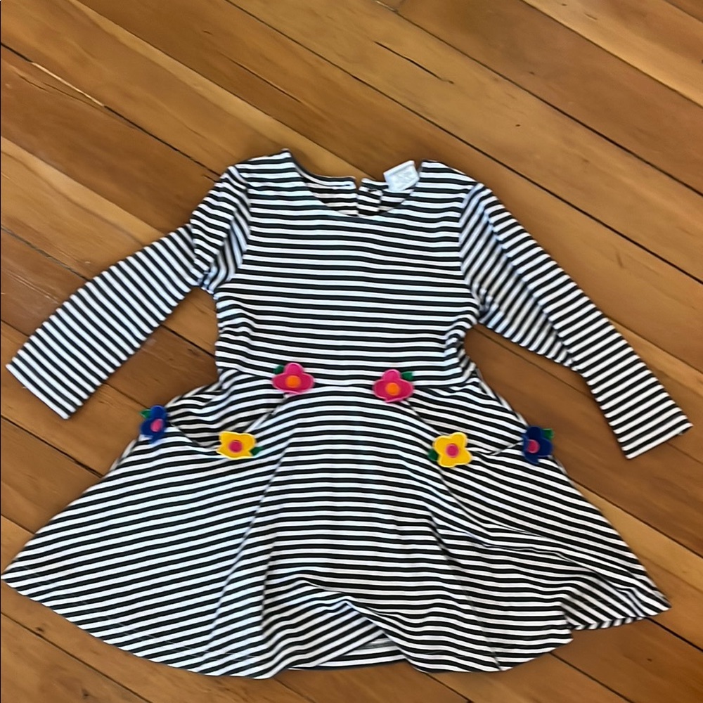 Striped navy and White Kids Dress with Floral Accents and pockets